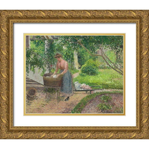 Washer in the garden, Eragny  Gold Ornate Wood Framed Art Print with Double Matting by Pissarro, Camille