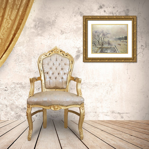 The Louvre under Snow Gold Ornate Wood Framed Art Print with Double Matting by Pissarro, Camille