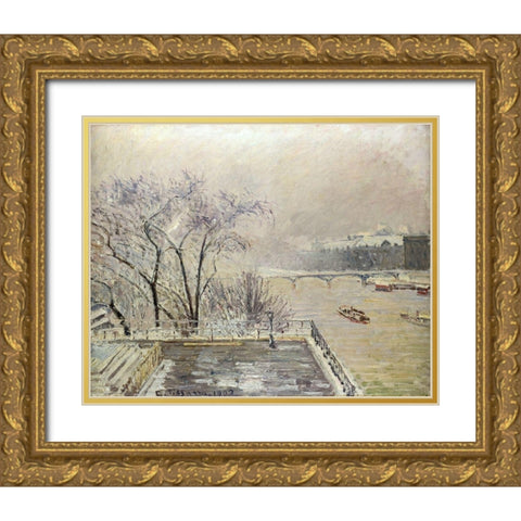 The Louvre under Snow Gold Ornate Wood Framed Art Print with Double Matting by Pissarro, Camille