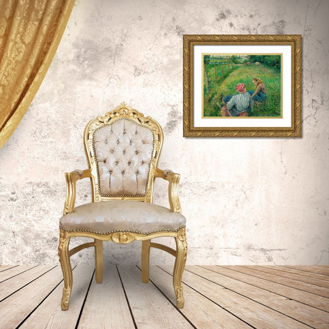 Young Peasant Girls Resting in the Fields near Pontoise Gold Ornate Wood Framed Art Print with Double Matting by Pissarro, Camille