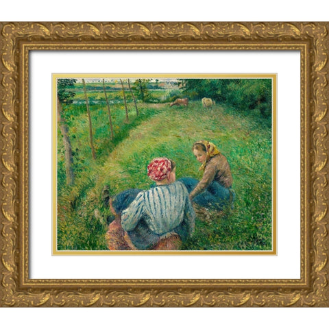 Young Peasant Girls Resting in the Fields near Pontoise Gold Ornate Wood Framed Art Print with Double Matting by Pissarro, Camille