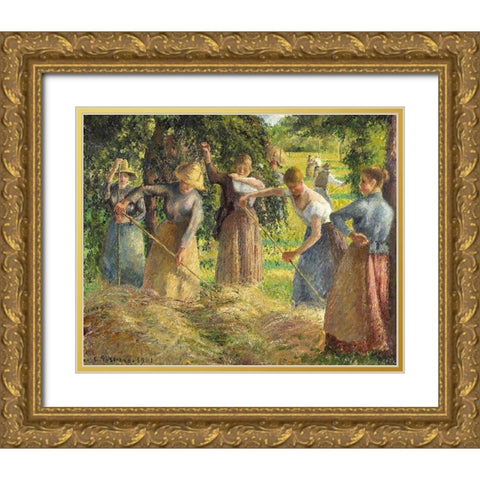 Hay Harvest at Eragny Gold Ornate Wood Framed Art Print with Double Matting by Pissarro, Camille