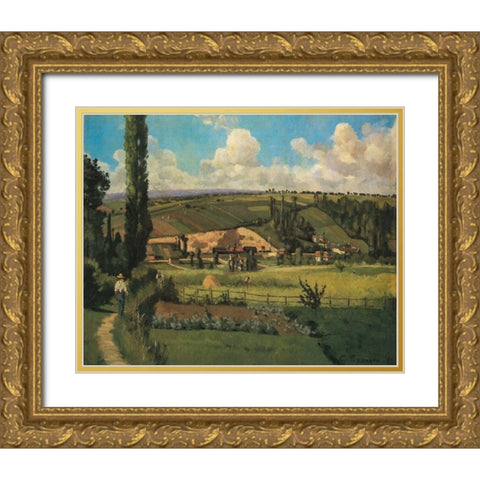 Landscape at Les Patis, Pontoise Gold Ornate Wood Framed Art Print with Double Matting by Pissarro, Camille