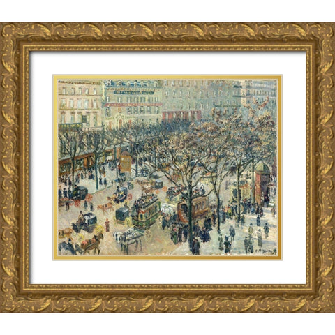 Boulevard des Italiens, Morning, Sunlight Gold Ornate Wood Framed Art Print with Double Matting by Pissarro, Camille