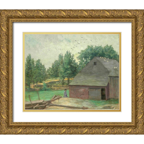 Summer in Connecticut. The Old Barn at Branchville Gold Ornate Wood Framed Art Print with Double Matting by Weir, J Alden