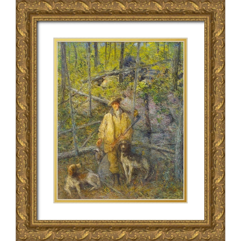 Hunter and Dogs Gold Ornate Wood Framed Art Print with Double Matting by Weir, J Alden