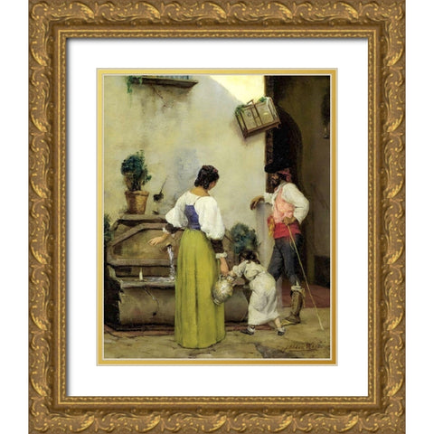 At the Water Trough Gold Ornate Wood Framed Art Print with Double Matting by Weir, J Alden