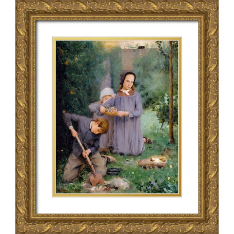 Children Burying a Bird Gold Ornate Wood Framed Art Print with Double Matting by Weir, J Alden