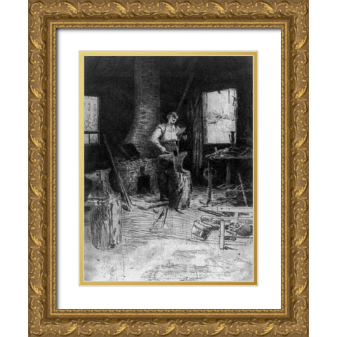 The blacksmiths shop Gold Ornate Wood Framed Art Print with Double Matting by Weir, J Alden