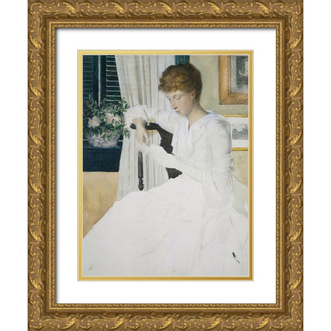 Anna Dwight Weir Reading a Letter Gold Ornate Wood Framed Art Print with Double Matting by Weir, J Alden