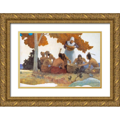 Thanksgiving with Indians Detail Gold Ornate Wood Framed Art Print with Double Matting by Wyeth, NC