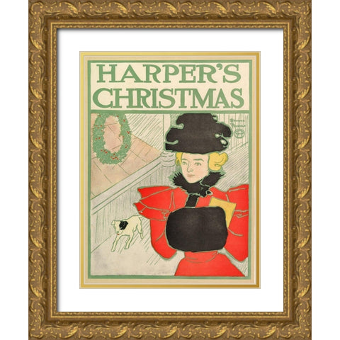 Harpers Christmas 1896 Gold Ornate Wood Framed Art Print with Double Matting by Penfield, Edward