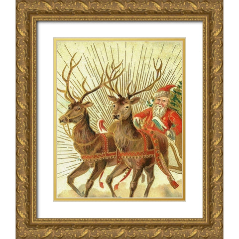 Christmas postcard of Santa Claus and his reindeer Gold Ornate Wood Framed Art Print with Double Matting by Souvenir Post Card Company, New York