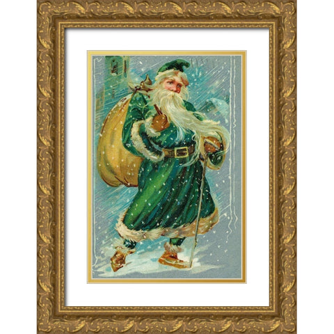 Christmas postcard with Santa Claus wearing green robes Gold Ornate Wood Framed Art Print with Double Matting by Missouri History Museum