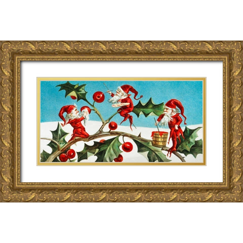 Santa elves painting berries on holly leaves Gold Ornate Wood Framed Art Print with Double Matting by Wallach, Miriam and Ira D