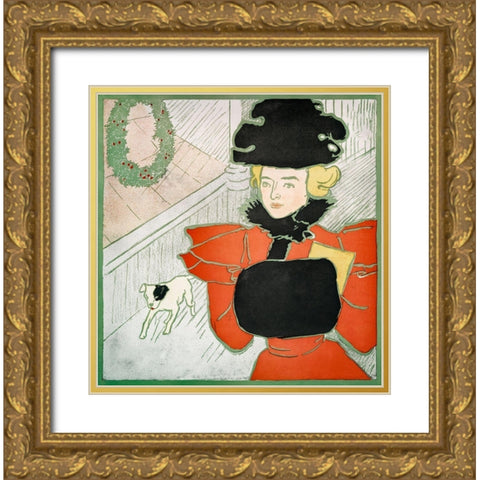 Vintage Christmas Card Gold Ornate Wood Framed Art Print with Double Matting by Penfield, Edward