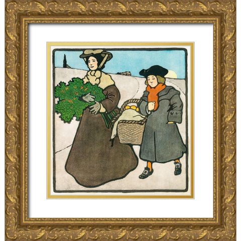 Vintage Christmas CardÂ  Gold Ornate Wood Framed Art Print with Double Matting by Penfield, Edward
