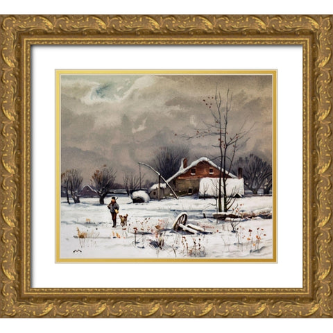 Winter Landscapes Hunter Gold Ornate Wood Framed Art Print with Double Matting by L. Prang & Co