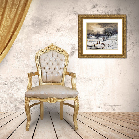 Winter Landscapes Rabbits Gold Ornate Wood Framed Art Print with Double Matting by L. Prang & Co