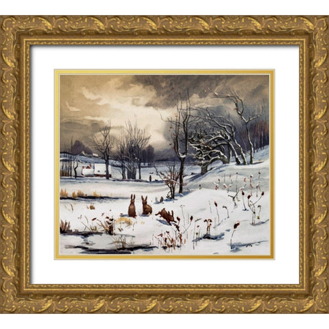 Winter Landscapes Rabbits Gold Ornate Wood Framed Art Print with Double Matting by L. Prang & Co