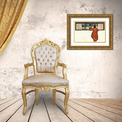 Man Looking out the Window to See Christmas Reindeer Carriage Gold Ornate Wood Framed Art Print with Double Matting by Smith, Jessie Wilcox
