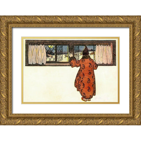 Man Looking out the Window to See Christmas Reindeer Carriage Gold Ornate Wood Framed Art Print with Double Matting by Smith, Jessie Wilcox