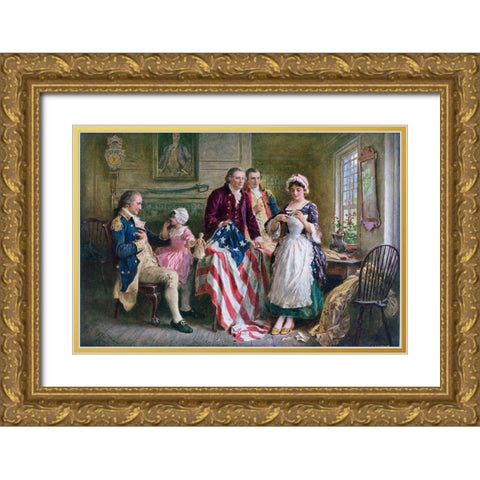 Betsy Ross 1777 Gold Ornate Wood Framed Art Print with Double Matting by Ferris, Jean Leon Gerome