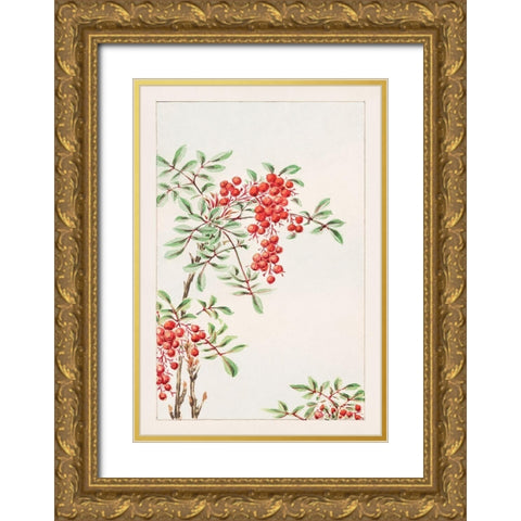 Nandina bush with berries Gold Ornate Wood Framed Art Print with Double Matting by Morikaga, Megata
