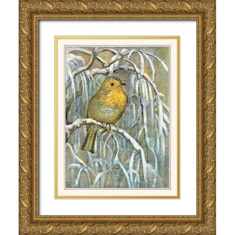 Robin on snowy tree branch Gold Ornate Wood Framed Art Print with Double Matting by Hoytema, Theo van