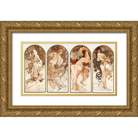 The Seasons Gold Ornate Wood Framed Art Print with Double Matting by Mucha, Alphonse