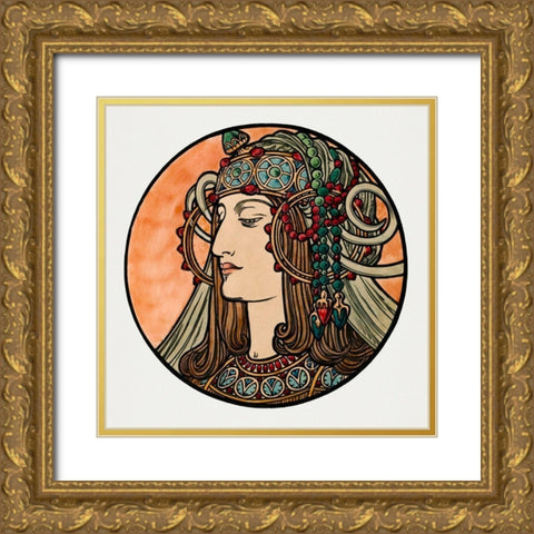 Stained glass window for the facade of the Fouquet boutique Gold Ornate Wood Framed Art Print with Double Matting by Mucha, Alphonse