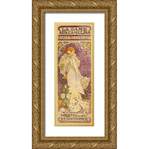 La Dame aux Camelias - Sarah Bernhardt Gold Ornate Wood Framed Art Print with Double Matting by Mucha, Alphonse