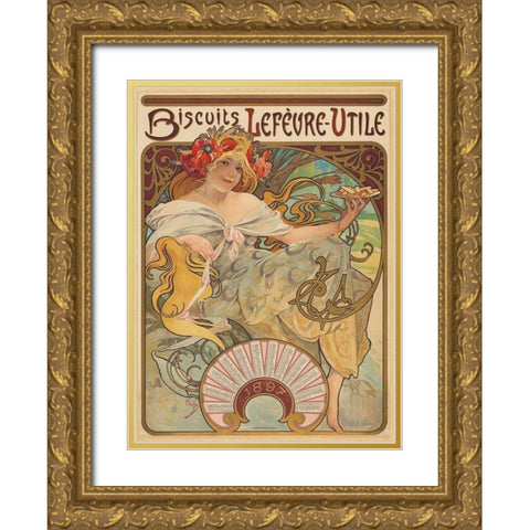 Biscuits LefÃ¨vre-Utile Gold Ornate Wood Framed Art Print with Double Matting by Mucha, Alphonse