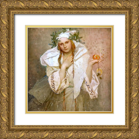 Christmas in America Gold Ornate Wood Framed Art Print with Double Matting by Mucha, Alphonse
