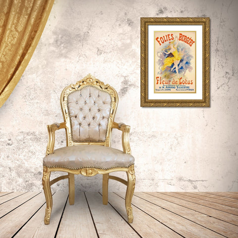 Folies BergÃ¨re,Â Fleur de Lotus Gold Ornate Wood Framed Art Print with Double Matting by Cheret, Jules