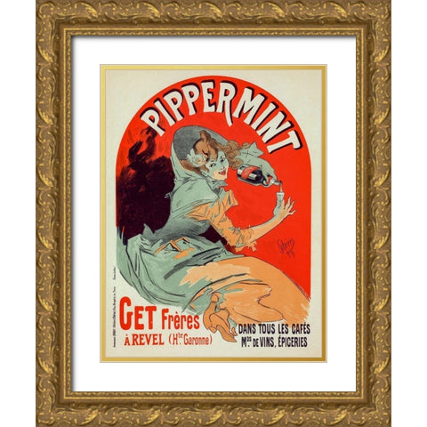 Pippermint Gold Ornate Wood Framed Art Print with Double Matting by Cheret, Jules