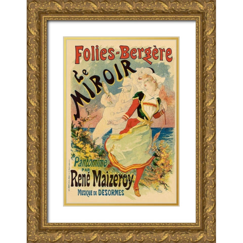 Folies Bergere Le Miroir Gold Ornate Wood Framed Art Print with Double Matting by Cheret, Jules