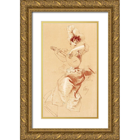 Dessin originel 1895 Lady with Guitar Gold Ornate Wood Framed Art Print with Double Matting by Cheret, Jules