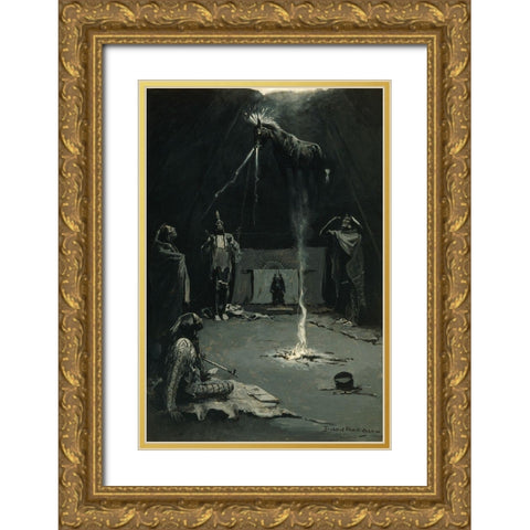 Indian Fire God-The Going of the Medicine-Horse Gold Ornate Wood Framed Art Print with Double Matting by Remington, Frederic