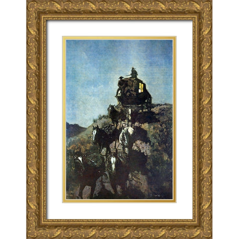The Old Stage-Coach of the Plains-1901 Gold Ornate Wood Framed Art Print with Double Matting by Remington, Frederic