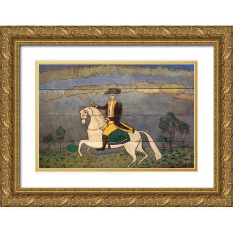 George Washington on a White Charger Gold Ornate Wood Framed Art Print with Double Matting by American Folk Artist