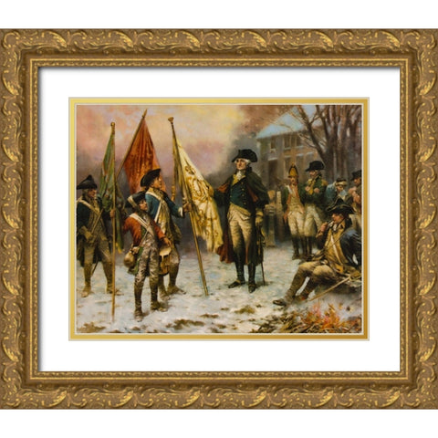 Washington inspecting the captured colors after the battle of Trenton Gold Ornate Wood Framed Art Print with Double Matting by Moran, Percy