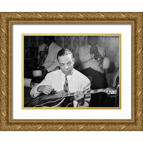 Fred Guy playing guitar at the Aquarium-New York 1946 Gold Ornate Wood Framed Art Print with Double Matting by Gottlieb, William