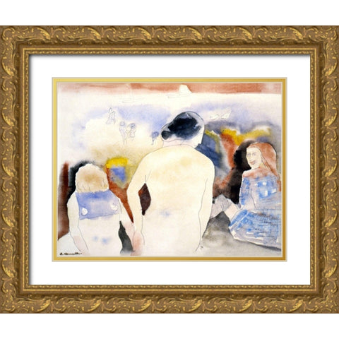 Woman with Black Hair and Two Children Gold Ornate Wood Framed Art Print with Double Matting by Demuth, Charles
