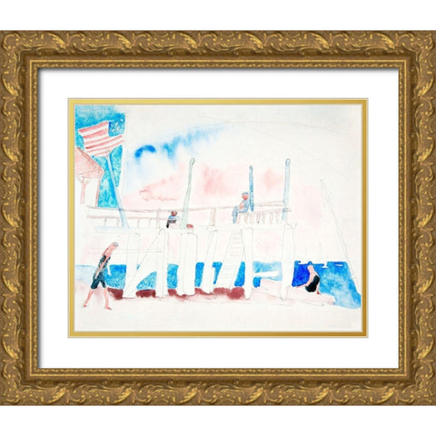 Pier With Four Figures Gold Ornate Wood Framed Art Print with Double Matting by Demuth, Charles