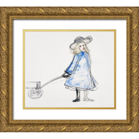 Girl Pulling Wagon Gold Ornate Wood Framed Art Print with Double Matting by Demuth, Charles