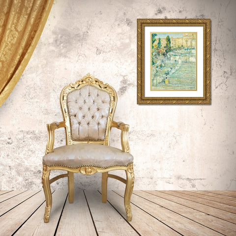 The Spanish Stairs-Rome Gold Ornate Wood Framed Art Print with Double Matting by Hassam, Childe
