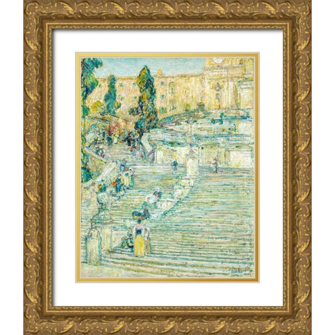 The Spanish Stairs-Rome Gold Ornate Wood Framed Art Print with Double Matting by Hassam, Childe
