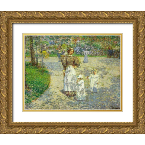Spring in Central Park Gold Ornate Wood Framed Art Print with Double Matting by Hassam, Childe