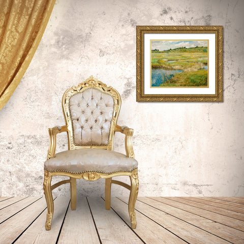 The Concord Meadow Gold Ornate Wood Framed Art Print with Double Matting by Hassam, Childe